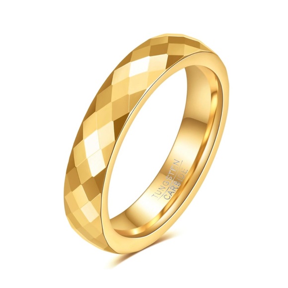 UNISEX - 4mm Tungsten Gold Wedding Band ~ Mens Womens Faceted Bridal Band - Picture 2 of 15